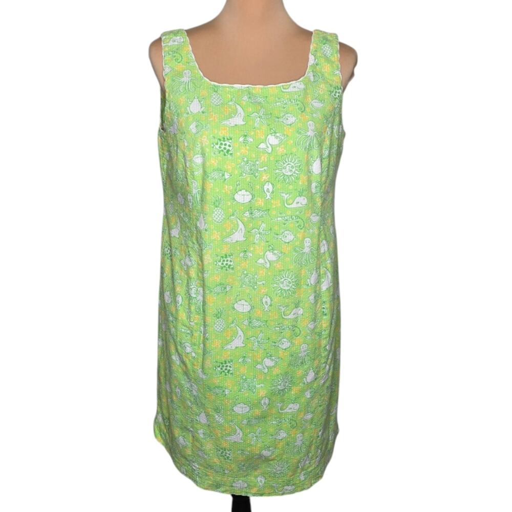 Lilly Pulitzer Vintage Krista Green Shift Dress Seersucker Sea Creatures Size M
